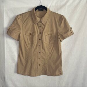 Spense, Women’s Short Sleeve Button up Tan Collared Shirt, Size Small